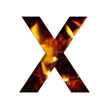 Fiery letter X from white paper on a background of fire in a fireplace or sto Stock Photos