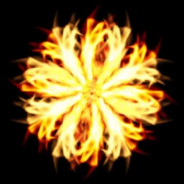Fiery Mandala, abstract fire flower design on black background. Illustrazione stock