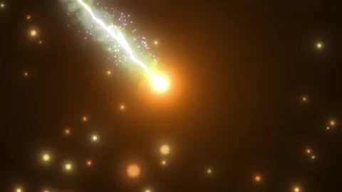 Fiery meteor streak descending through dark space with glowing particle effects 库存影片 338387391