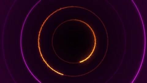 Fiery neon ring tunnel background circular arcs, purple glowing outlines, and de Stock Footage 340418460