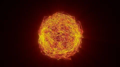Fiery orange digital sphere emitting bright energy waves with glowing particl Stockfoto's