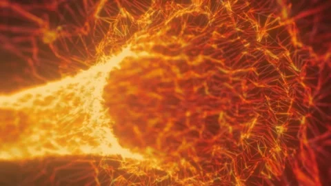 Fiery orange energy vortex formed by glowing polygonal lines and particles Stock Footage 343664514