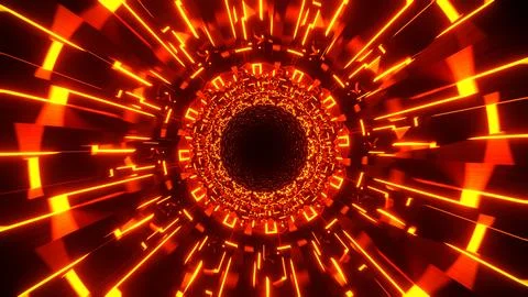 Fiery orange light tunnel with sharp geometric streaks rushing toward a dark Foto stock