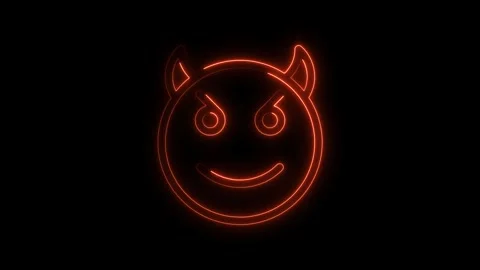 Fiery Orange Neon Devil Emoji Icon Glowing Brightly on Black Background Fut.. Stock Footage 314707896