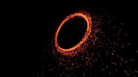 Fiery orange particle trail sweeps across dark background creating ring Stock Footage 327517658