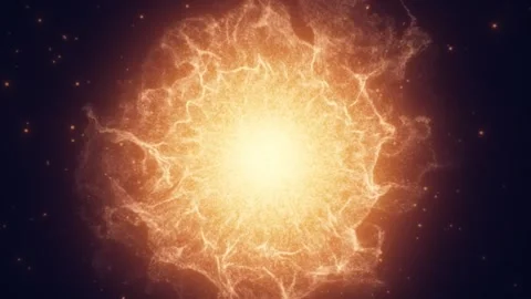 Fiery orange plasma explosion with glowing core and smoky particle cloud Stock Footage 331028230