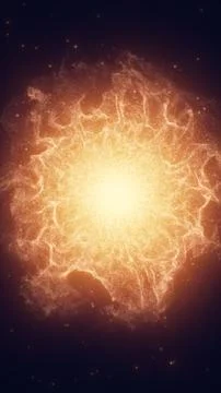 Fiery orange plasma explosion with glowing core and smoky particle cloud, a.. Illustrazione stock