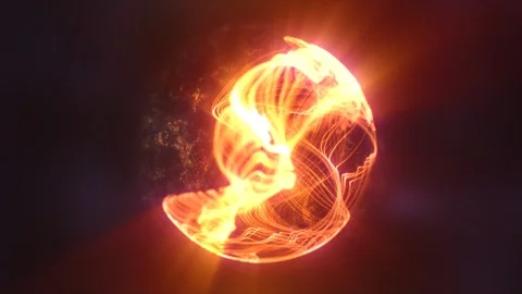 Fiery orange-red glowing sphere surrounded by dynamic particles and heat pa.. Stock Footage 296343869