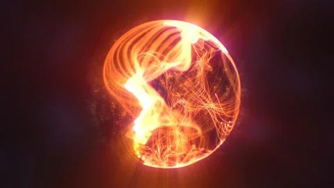 Fiery orange-red glowing sphere surrounded by dynamic particles and heat pa.. Stock Illustration