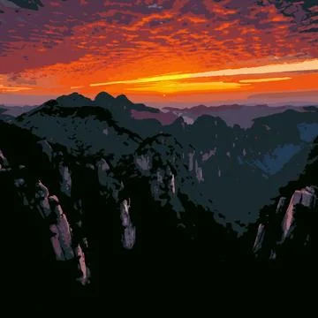 Fiery orange sunset over dramatic mountain ranges Stock Illustration