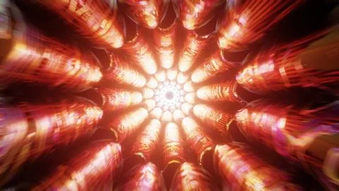 Fiery orange tunnel of light rushing toward a bright center, creating a powerful Ilustración de archivo