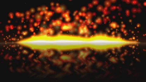 Fiery particles dance over glowing horizon with reflection in dark background Stock Footage 340808290