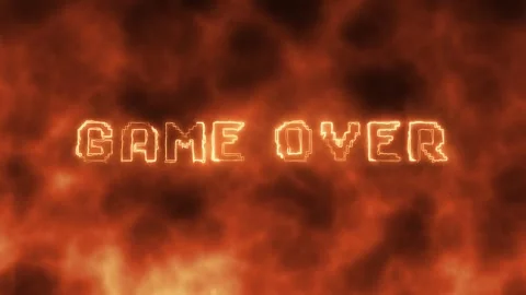 Fiery pixelated game over screen with retro glowing text on blazing background Stock Footage 344806020