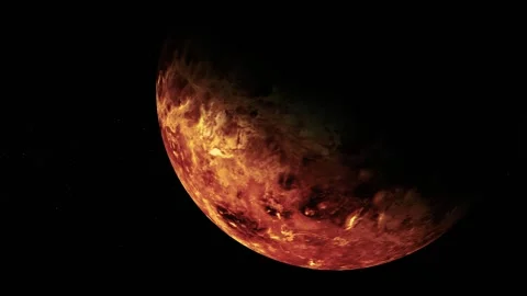 Fiery planet glowing red and orange against a dark space background, with b.. Stock Footage 340388320