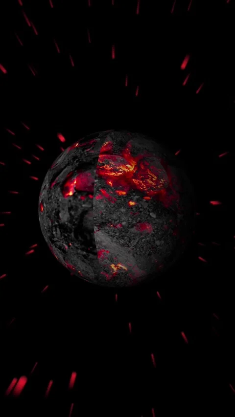 Fiery Planet with Streaking Red Lights Against a Black Background space fire Stock Footage 337463073