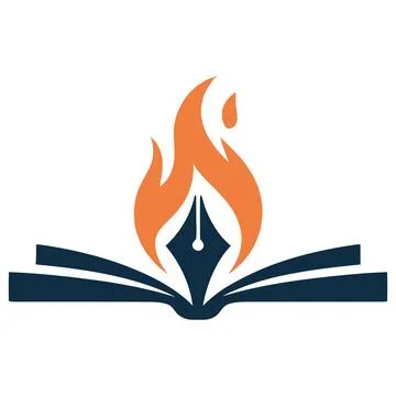 A fiery plume rises from an open book and quill pen Stock Illustration