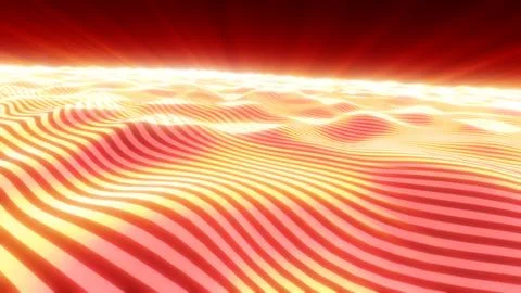 Fiery red and golden abstract wave terrain with glowing striped surface, br.. 스톡 일러스트