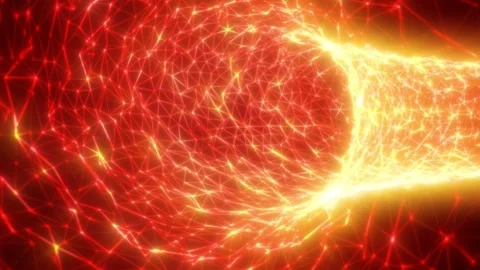 Fiery red and orange digital network mesh with glowing nodes and polygon line Stock Footage 336216715