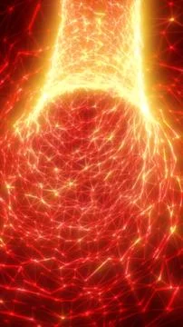 Fiery red and orange digital network mesh with glowing nodes and polygon li.. Stock Illustration