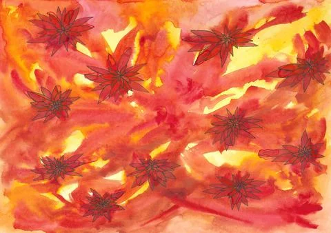 Fiery red branches on sunny background with contours of fluffy flowers Stock Illustration