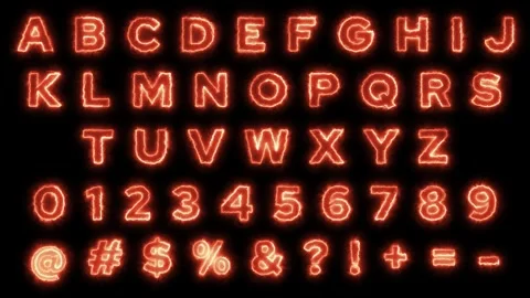 Fiery red neon alphabet and symbols on black background Stock Footage 345833254