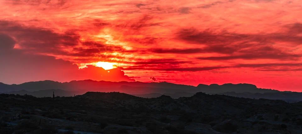 Fiery red sunset over desert hills in Ischigualasto National Park, Argentina Stock Photos