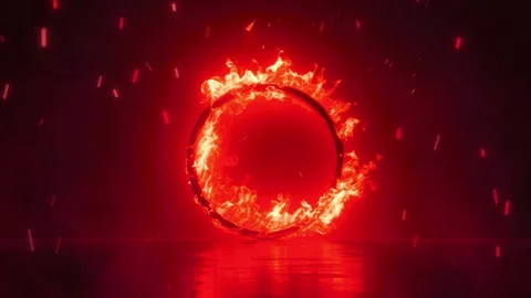 Fiery ring of bright red flames burns intensely in dark Stock Footage 327517574