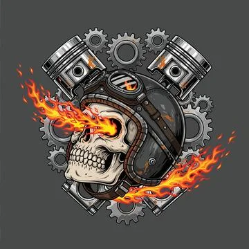 Fiery Skull Wearing Helmet With Mechanical Gears Illustrazione stock