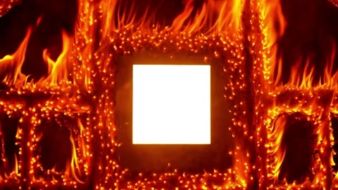 Fiery square frame ignites with intense flames and glowing center for dramata Video stock 317811642