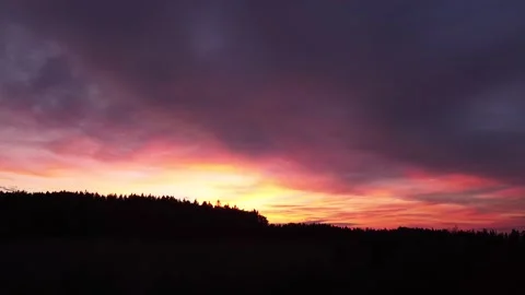 Fiery sunset, backward down movement before Silhouette of trees, drone shot 스톡 동영상 140221392