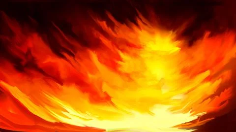A fiery sunset in red and orange colors, with clouds radiating away from the  Stock-Illustration