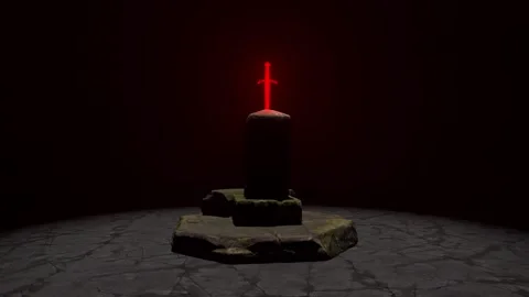 A fiery sword is stuck into a stone altar, which stands on a granite floor and Stock Footage 156485400