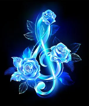 Fiery treble clef with blue roses Stock Illustration