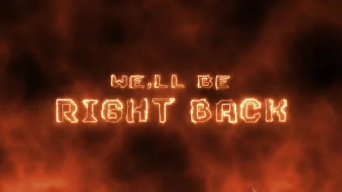 Fiery we'll be right back screen with pixelated glowing text, broadcasts, stream Stock Footage 344052406