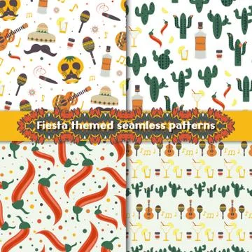 Fiesta seamless patterns set with traditional Mexican symbols Stock Illustration
