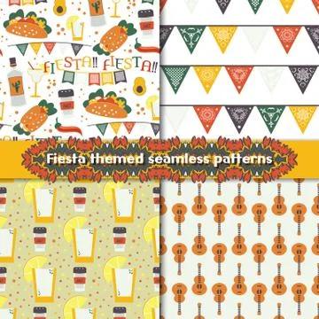 Fiesta seamless patterns set with traditional Mexican symbols Stock Illustration