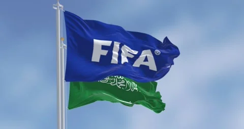 FIFA and Saudi Arabian flags waving in the wind Video stock 255149166