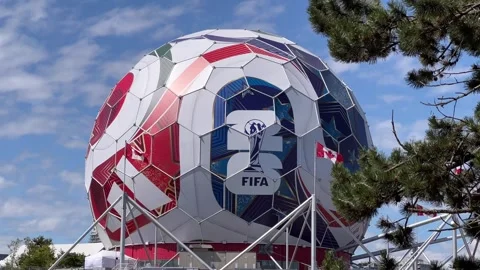 FIFA World Cup 2026 Branding on Science World Geodesic Dome in Vancouver Stock Footage 337638532