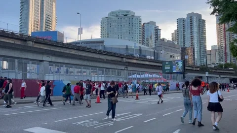 FIFA World Cup fans walk a closed downtown road by the viaduct Stock Footage 337154933