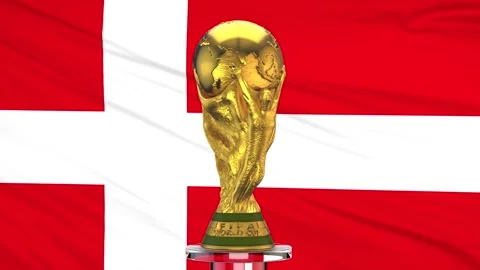 FIFA World cup trophy and Denmark national flag Stock Footage 220234594
