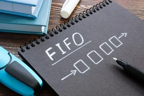 FIFO or first in first out concept. Notepad with a drawn diagram on the table. Stock Photos