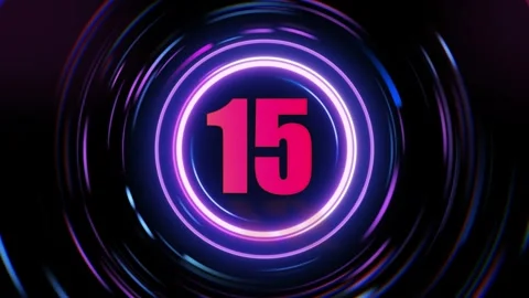 Fifteen seconds countdown timer with glowing neon purple circular rings and Vidéo 347758716