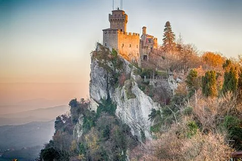 Fifteenth-century tower stands overlooking the valley Stock Photos