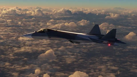 Fifth generation jet plane flies above the clouds Stock Footage 168623384