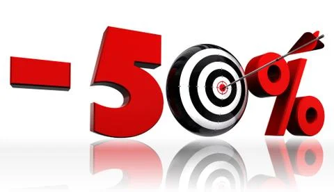 Fifty per cent 50% red discount symbol with conceptual target Stock Illustration