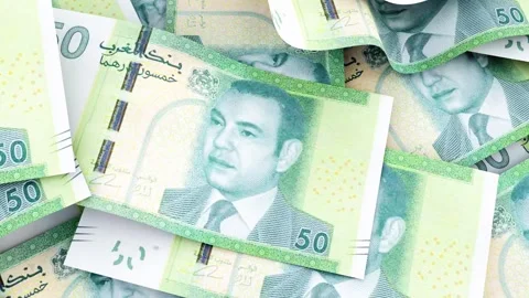 Fifty dirhams banknotes stacks animation, moroccan money, Stock Footage 253557939