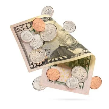 Fifty dollar bill and different cent coins isolated Stock Photos