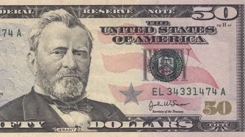 Fifty dollar note obverse dolly shot from right to left showing 50 symbols 4k Stock Footage 61545439
