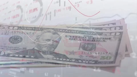 Fifty-dollar stack shifting after finger slide, overlaid charts pulsing to Video stock 329454197