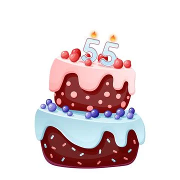 Fifty five years birthday cake with candles number 55. Cute cartoon festive v Stock Illustration